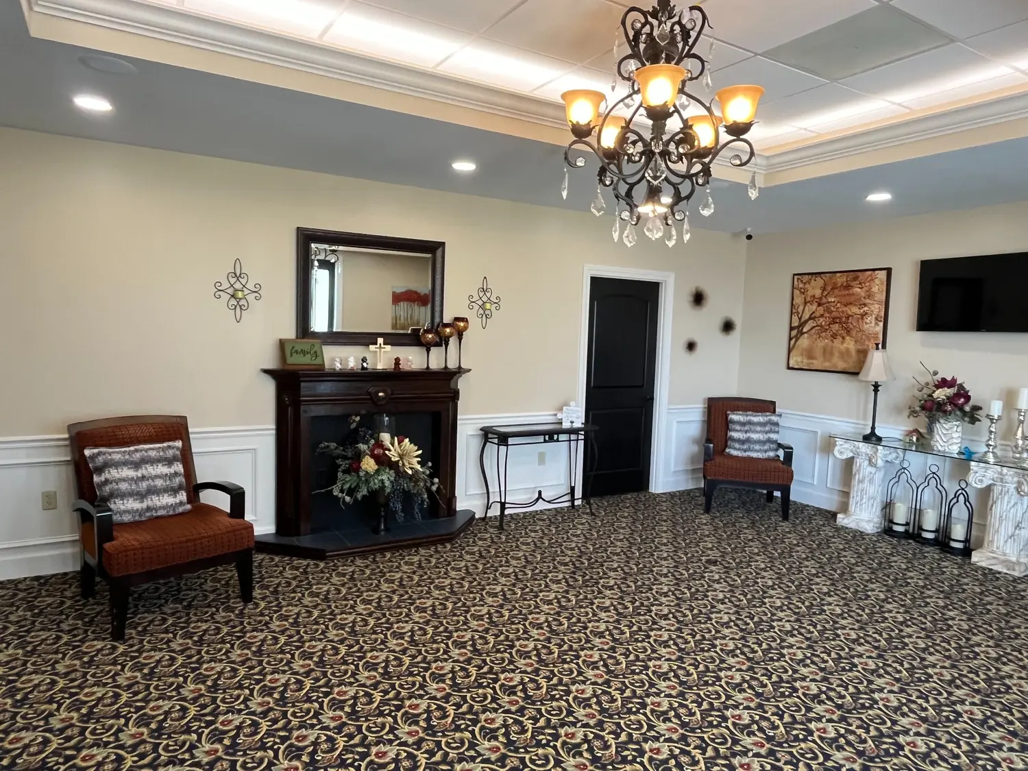 Fireplace lounge for guests at Binkley-Ross Event Center